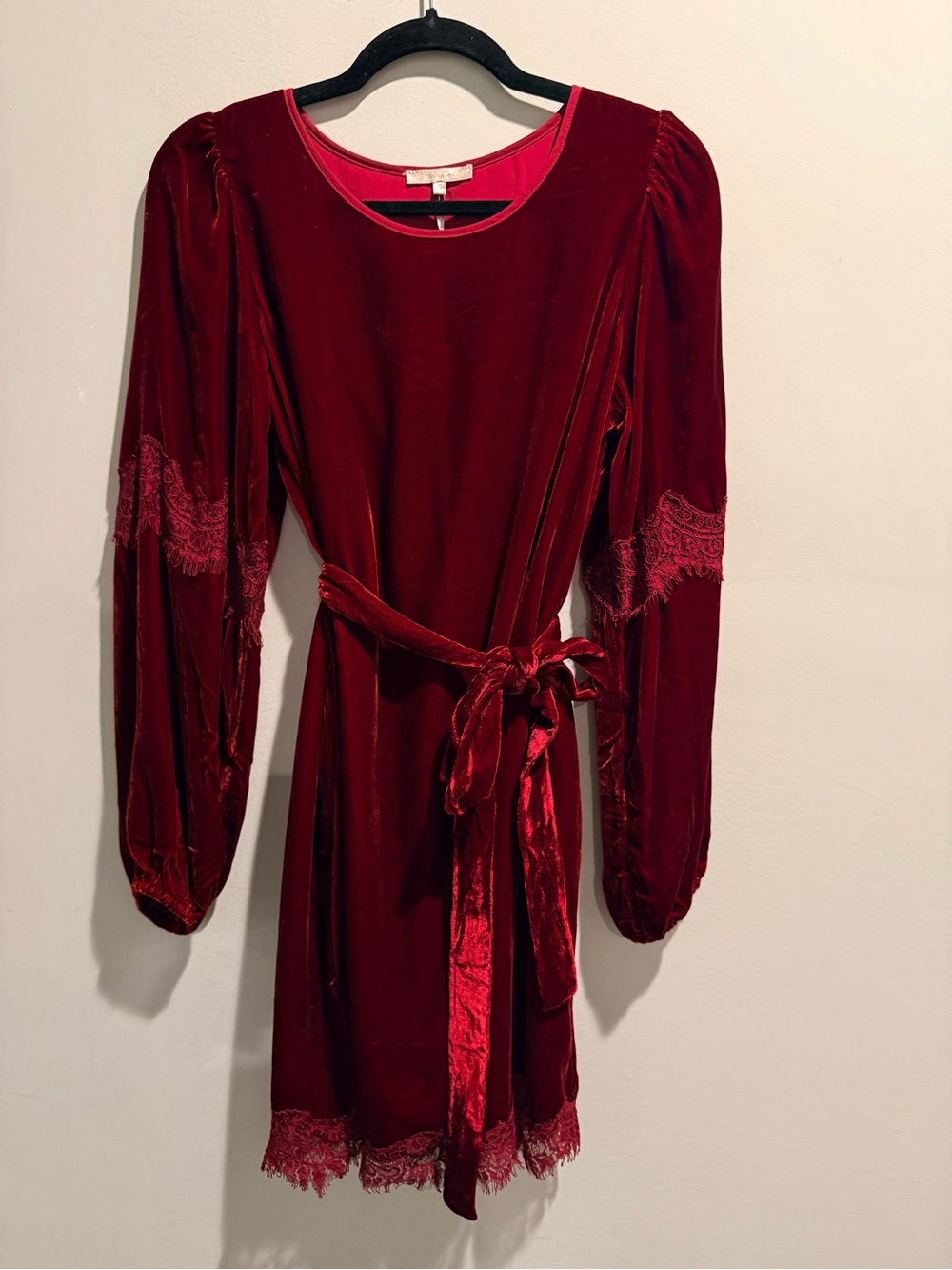 Gold Hawk Sophia Velvet Lace Dress Red Silk Blend Belted NWT Small